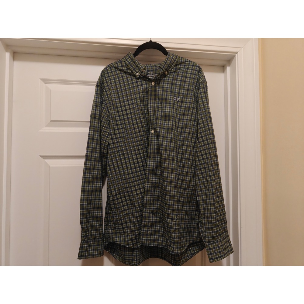 Vineyard Vines Performance Classic Fit Whale Shirt Green Navy Check 1W012335 L‎